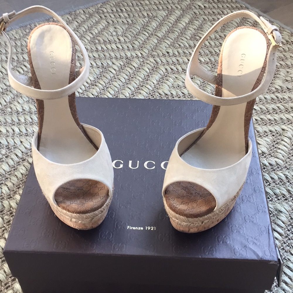 Gucci Beige Suede Espadrille Wedge Sandals